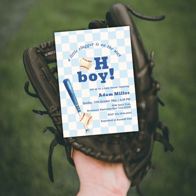 Blue Plaid Little Slugger Baseball Baby Shower Invitation (Blue Plaid Little Slugger Baseball Baby Shower Invitation)