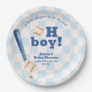 Blue Plaid Little Slugger Baseball Baby Shower Paper Plate