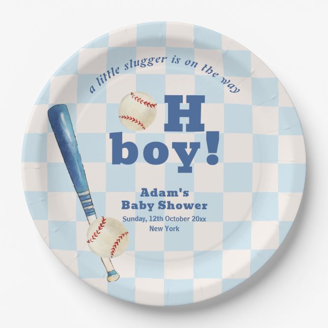 Blue Plaid Little Slugger Baseball Baby Shower  Paper Plate (Front)