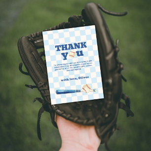Blue Plaid Little Slugger Baseball Baby Shower  Thank You Card