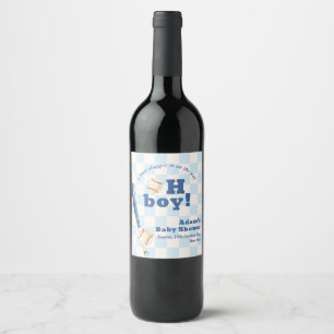 Blue Plaid Little Slugger Baseball Baby Shower Wine Label