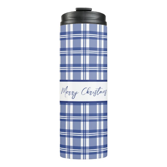 Blue Plaid Merry Christmas Thermal Tumbler (Front)
