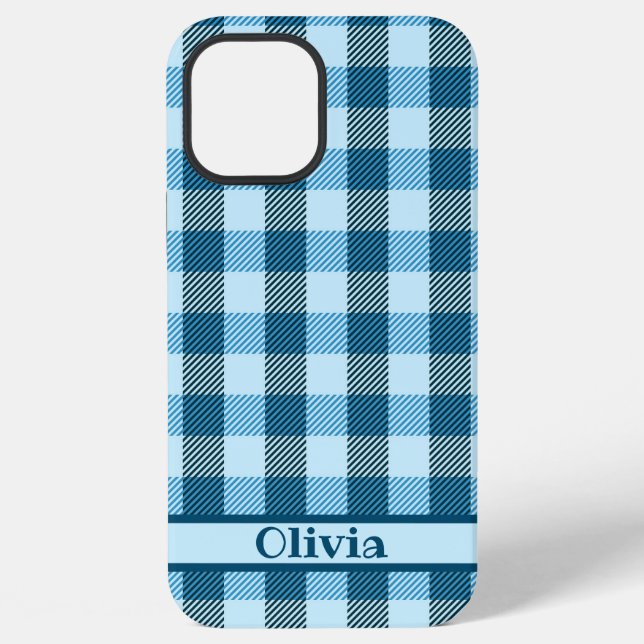 Blue Plaid Modern Simple Name iPhone Case (Back)