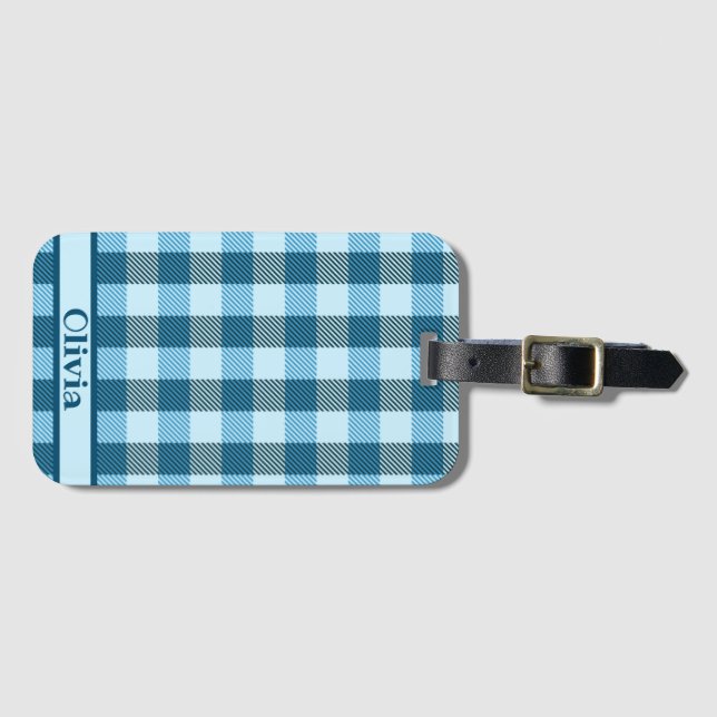 Blue Plaid Modern Simple Name Luggage Tag (Front Horizontal)