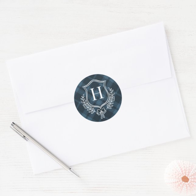 Blue Plaid Monogram Initial Christmas Classic Round Sticker (Envelope)