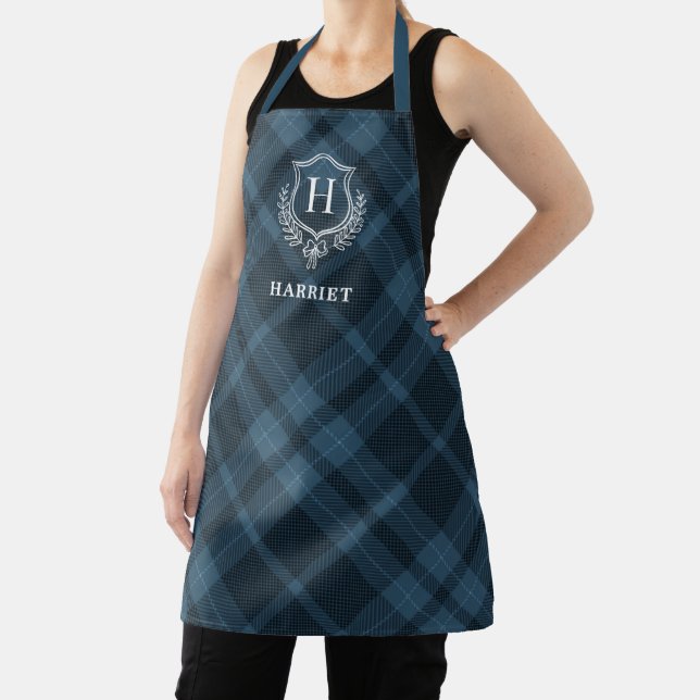 Blue Plaid Monogram Name Apron (Insitu)