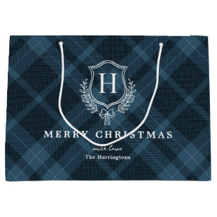Blue Plaid Monogram Name Christmas Large Gift Bag