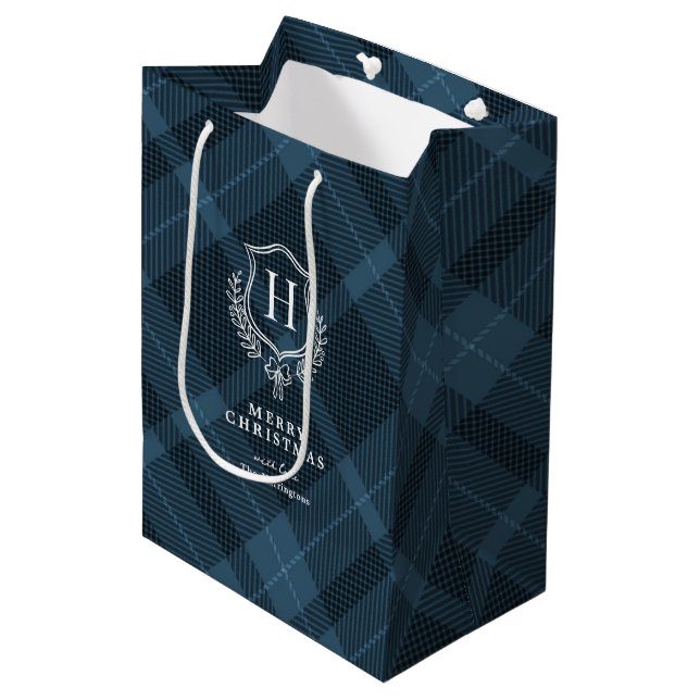 Blue Plaid Monogram Name Christmas Medium Gift Bag (Front Angled)