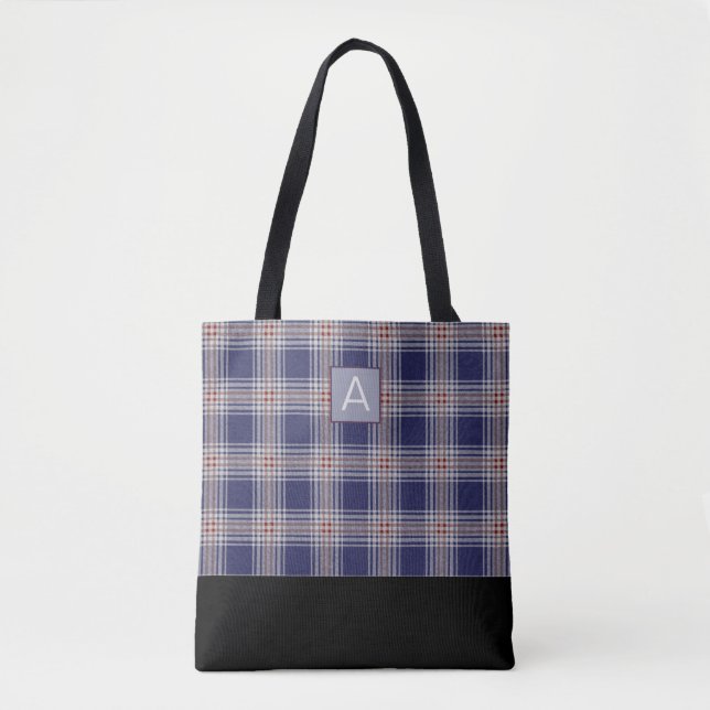 Blue Plaid Monogram Tote Bag (Front)