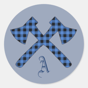 Blue Plaid Monogram Two Axes Classic Round Sticker