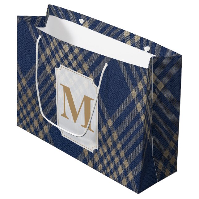 Blue Plaid Monogrammed Large Gift Bag (Front Angled)