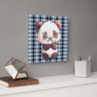 Blue Plaid Panda Square Wall Clock