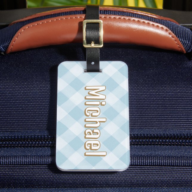 Blue Plaid Pattern Boys School Bag Tag  (Front Insitu 2)