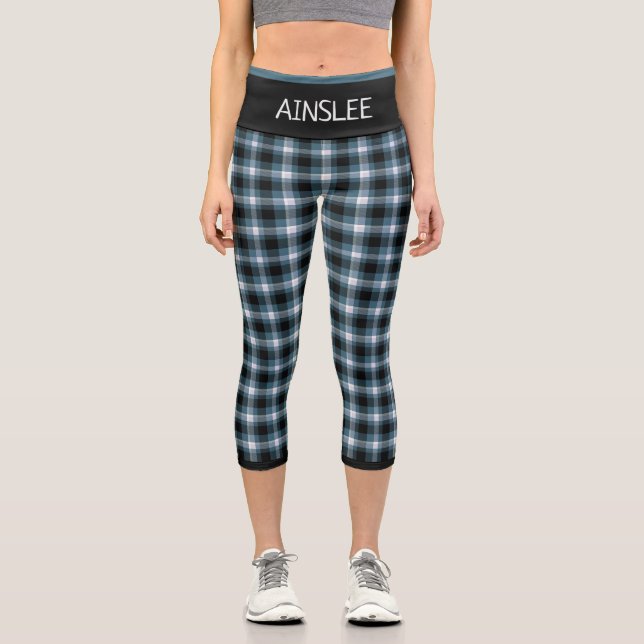Blue Plaid Pattern Custom Capri Leggings (Front)