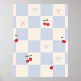 Blue plaid pattern with cherries poster