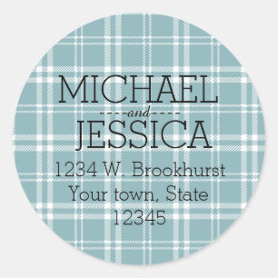 Blue Plaid Personalised name and address Classic Round Sticker