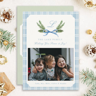 Blue Plaid photo Christmas Cards Monogram Wreath