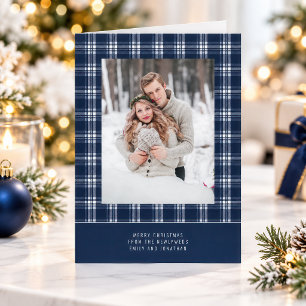 Blue Plaid Photo First Married Christmas Folded Holiday Card