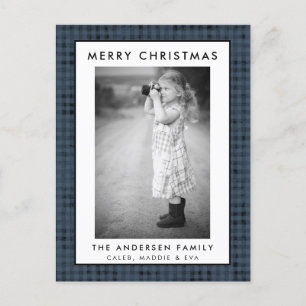 Blue  Plaid Photo Merry Christmas Card 