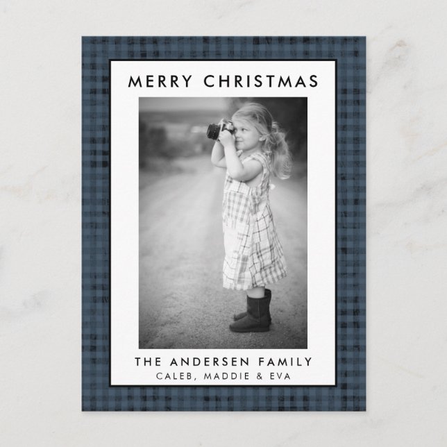 Blue  Plaid Photo Merry Christmas Card  (Front)