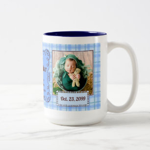 Blue Plaid Proud Grandfather 2 Photo Two-Tone Coffee Mug