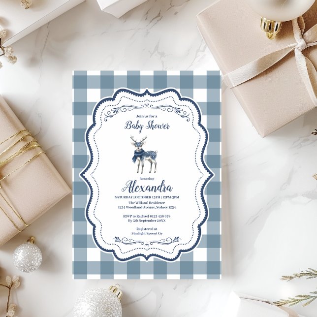 Blue Plaid Reindeer Baby Shower Invitation (Creator Uploaded)