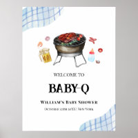Blue Plaid Retro Baby Q Baby Shower Welcome