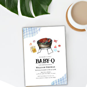 Blue Plaid Retro Country Baby Q Baby Shower Invitation
