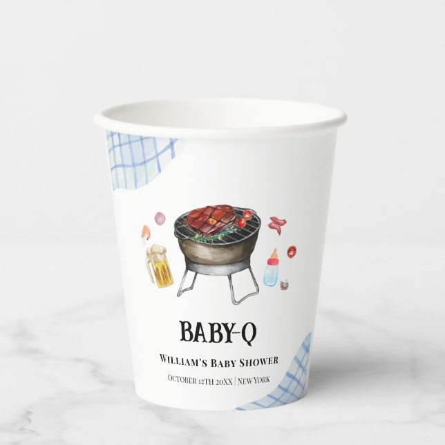 Blue Plaid Retro Country Baby Q Baby Shower Paper Cups (Front)