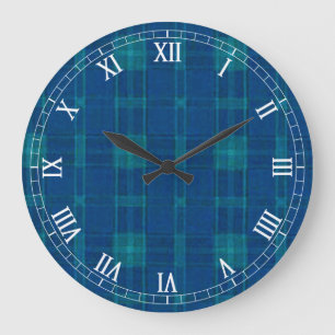 Blue Plaid Round Roman Numerals Clock