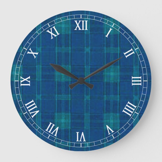 Blue Plaid Round Roman Numerals Clock (Front)