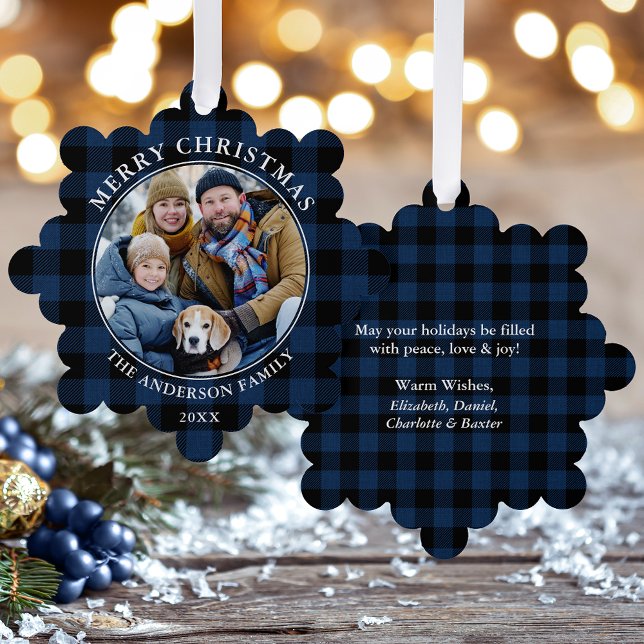 Blue Plaid Rustic Merry Christmas Photo Tree Decoration Card (A greeting card that is also an ornament! Customize with your photo and personalized text.)