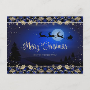Blue Plaid Santa Snowy Classic Merry Christmas Holiday Postcard