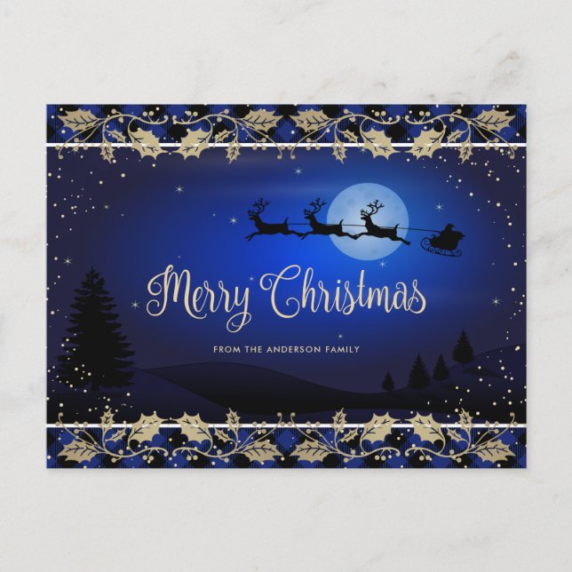 Blue Plaid Santa Snowy Classic Merry Christmas Holiday Postcard (Front)