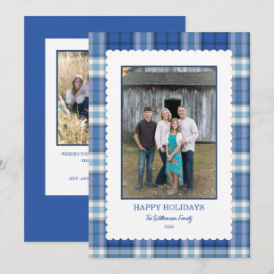 Blue Plaid Scallop Frame Photo Christmas Holiday Card