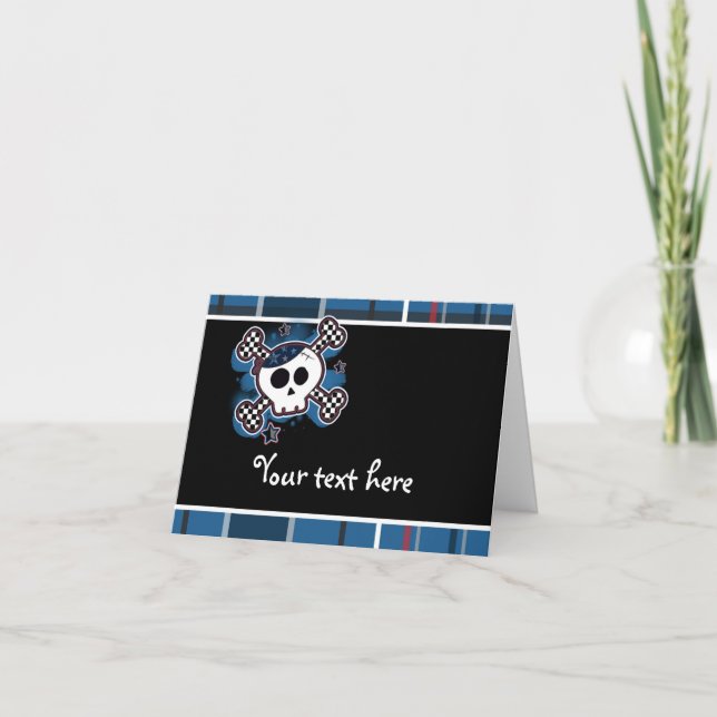 Blue Plaid Skull & Crossbones Fold Thank You Card (Front)