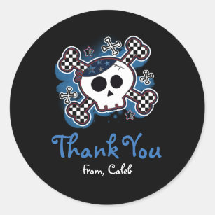 Blue Plaid Skull Crossbones Party Favour Sticker