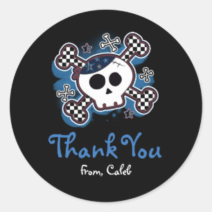 Blue Plaid Skull Crossbones Party Favour Sticker
