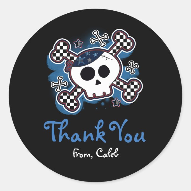 Blue Plaid Skull Crossbones Party Favour Sticker (Front)
