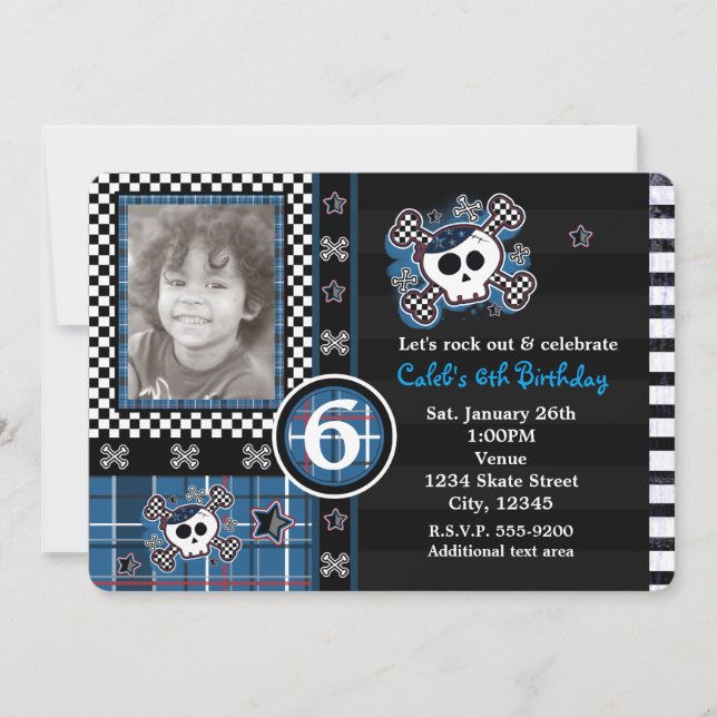 Blue Plaid Skull & Crossbones Photo Invitation (Front)
