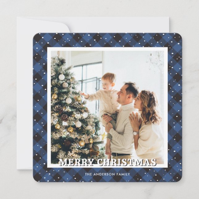 Blue Plaid Snow Photo Merry Christmas Card (Front)