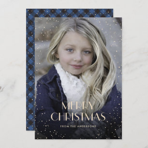 Blue Plaid Snow Sparkle Photo Christmas Cards