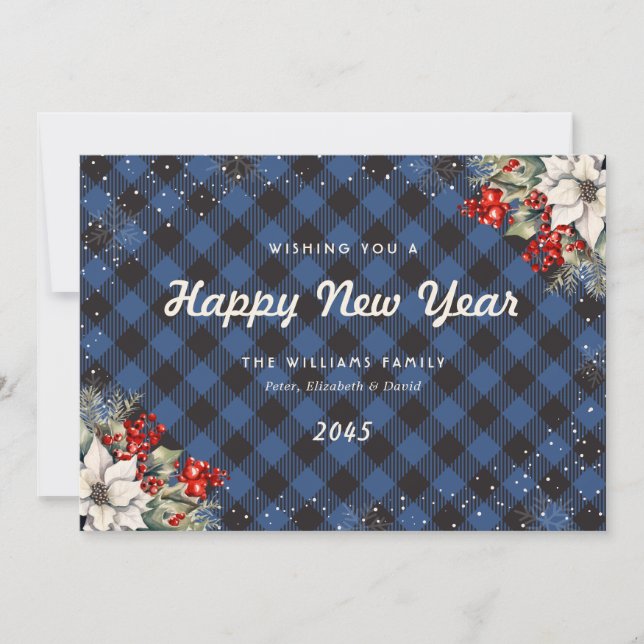 Blue Plaid Snowflake Botanical New Year Card (Front)