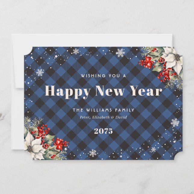 Blue Plaid Snowflake Botanical New Year Card (Front)