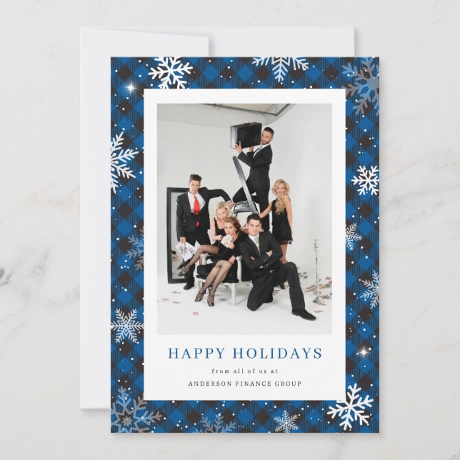 Blue Plaid Snowflake Photo Corporate Business Holiday Card (Front)