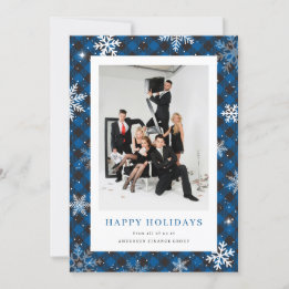 Blue Plaid Snowflake Photo Corporate Business Holiday Card