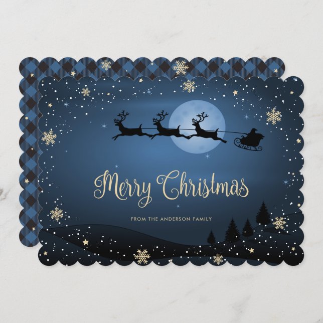 Blue Plaid Snowflake Reindeer Santa Claus Holiday Card (Front/Back)