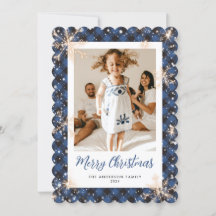 Blue Plaid Sparkly Snowflake Photo Merry Christmas