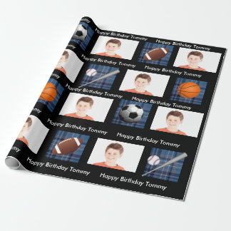 Blue Plaid & Sports w/Photo Birthday Wrapping Paper