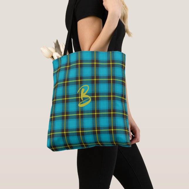 Blue Plaid Tartan Scottish Monogram Cool Tote Bag (Close Up)